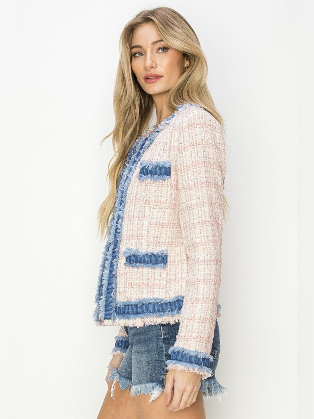 Risen Pink Tweed Fringe-Trim Blazer with Blue Accents - Picture 4 of 6